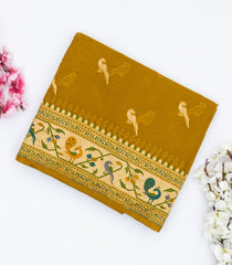 Oil Mustard Handwoven Banarasi Khaddi Georgette Silk Saree With Peacock Motifs