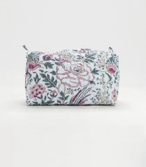 White Cotton Bagru Printed Toiletry Bag With Zipper-ACS1084