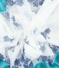 White Woven Art Linen Saree With Printed Floral Motifs & Cyan Border-BL4633