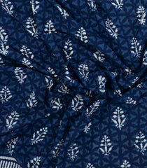 Indigo Printed Jaipur Cotton Saree With Floral Motifs-JC1591