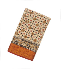 Cream Woven Kalamkari Printed Cotton Saree With Floral Motifs