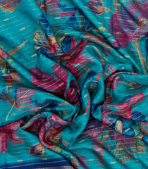 Turquoise Printed Synthetics Dola with Zari Stripes & Contrast Border-BL5149