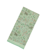 Turquoise Woven Linen Saree With Printed Elephant & Floral Motifs-LI0671
