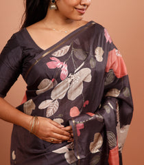 Black Printed Synthetic Tussar Silk Saree With Floral Motifs & Zari Border-SY0495