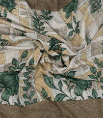 Green Woven Blended Linen Saree With Printed Floral Motifs-BL4845