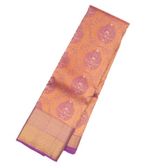 Peach Handloom Kanchipuram Silk Saree With Meena Floral Motifs