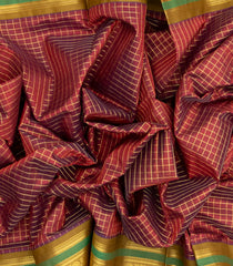 Maroon Handloom Korvai Silk Cotton Saree With Checks & Contrast Border-SC3739