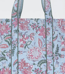 Light Blue Bagru Printed Handmade Cotton Quilted Tote Bag-ACS1039