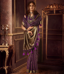 Purple Woven Blended Satin Tanchoi Saree With Floral Zari Motifs-BL4543