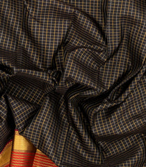 Black Handloom Kanchipuram Silk Saree With Gold & Silver Zari Checks-KA14045