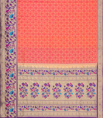 Peach Handloom Paithani Silk Saree With Zari Checks & Contrast Border-PA1136