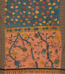 Blue Handloom Tussar Silk Saree With Printed Kalamkari Motifs-TU2884