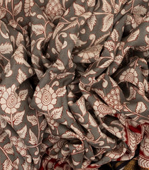 Grey Woven Kalamkari Printed Cotton Saree With Floral Vine Motifs