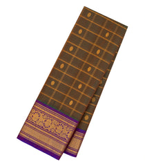Dark Olive Handloom Gadwal Silk Cotton Saree With Zari Checks & Buttas -GA0286