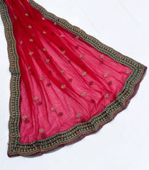 Red Woven Net Saree With Embroidered Floral Motifs & Contrast Border-EN1867