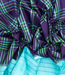 Dark Purple Handloom Korvai Kanchipuram Silk Saree With Checks & Contrast Border-KA13368