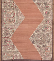 Peach Woven Tussar Silk Saree With Printed Madhubani Floral Motifs-TU3174