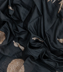 Dark Grey Printed Chanderi Cotton Saree With Zari Border-BL5495