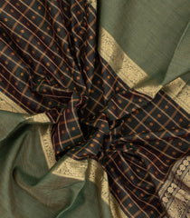 Bottle Green Handloom Muppagam Silk Cotton Saree With Checks & Buttas-SC4581
