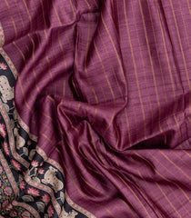 Chestnut Pink Handloom Tussar Silk Saree With Stripes & Printed Motifs-TU3444