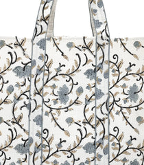 Off White Bagru Printed Handmade Cotton Quilted Tote Bag-ACS1034