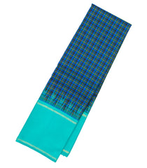 Blue Handloom Kanchipuram Silk Saree With Checks & Temple Border-KA12504