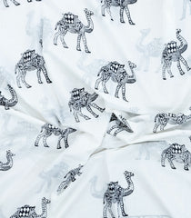 White Printed Jaipur Cotton Saree With Camel Motifs-JC1500