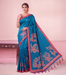 Blue Printed Synthetic Kotha SIlk Saree With Floral Motifs & Zari Border-SY0626