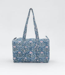 Blue Handmade Duffle Bag With Printed Motifs With Zipper (9"H X 14"W X 7"D)-ACS1051