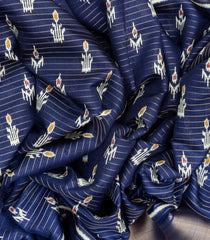 Navy Blue Woven Art Tussar Silk Saree With Printed Floral Motifs-BL3742