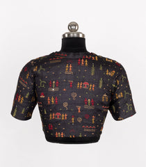 Black Readymade Tussar Silk Blouse With Worli Embroidery & Chinese Collar-RB5250