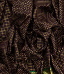 Black Handloom Kanchipuram Silk Saree With Checks & Green Border-KA12855