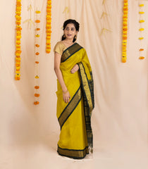 Mustard Handloom Korvai Silk Cotton Saree With Contrast Border-SC3887