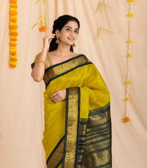 Mustard Handloom Korvai Silk Cotton Saree With Contrast Border-SC3887