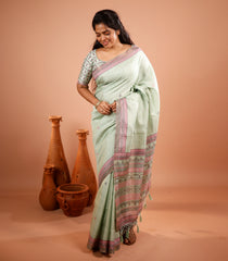 Cardamom Green Printed Synthetic Tussar Silk Saree With Zari Checks -SY0496