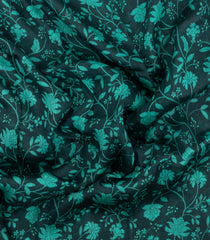 Black Handloom Linen Saree With Printed Turquoise Floral Motifs-LI0786