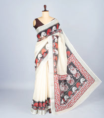 Off White Woven Art Linen Saree With Printed Kalamkari Motifs-BL4636