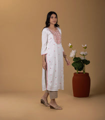 Off-White and Pink Embroidered Casual Kurta-KR0832
