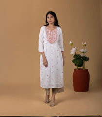 Off-White and Pink Embroidered Casual Kurta-KR0832