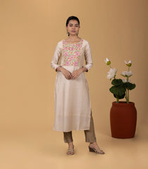 Beige Floral Embroidered Kurta-KR0868