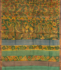 Mustard Handloom Tussar Silk Saree With Kalamkari Printed Motifs-TU2765