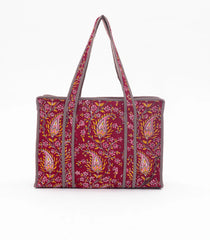 Red Bagru Printed Handmade Cotton Quilted Tote Bag With Zipper-ACS1045