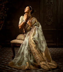 Cardamom Green Woven Organza Saree With Parsi Zardosi & Moti Work