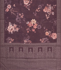 Dark Brown Printed Synthetic Tussar With Contrast Zari Border-SY0291