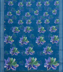 Indigo Printed Synthetic Linen Saree With Floral Motifs-SY0197