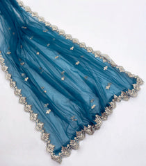 Cyan Woven Net Saree With Embroidered Mirror Work Motifs-EN1888