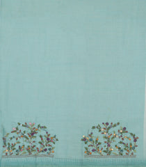 Turquoise Woven Linen Saree With Embroidered Tree Motifs-LI0753