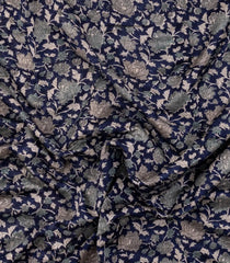 Navy Blue Printed Chanderi Cotton Saree With Zari Border-CC1518