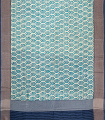 Cream Printed Chanderi Cotton Saree With Contrast Navy Zari Border-CC1666