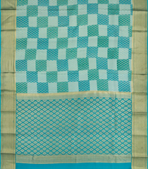 Sky Blue Mysore Crepe Silk Saree With Printed Checks & Floral Motifs